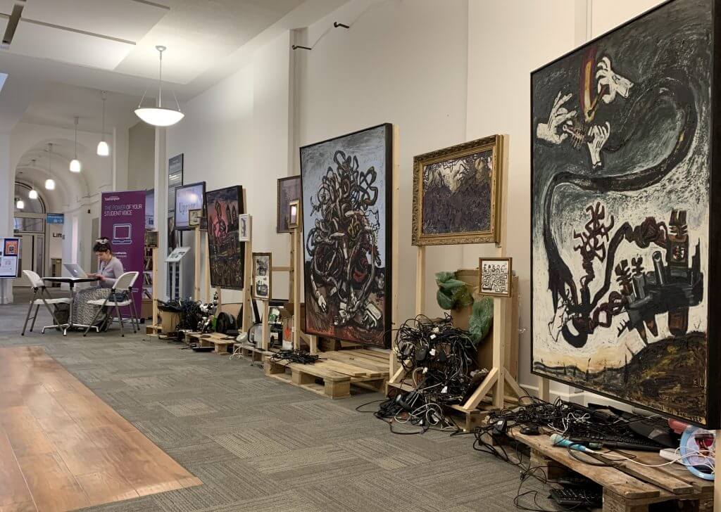 Susannah Pal and her artwork in the Hartley Library at University of Southampton