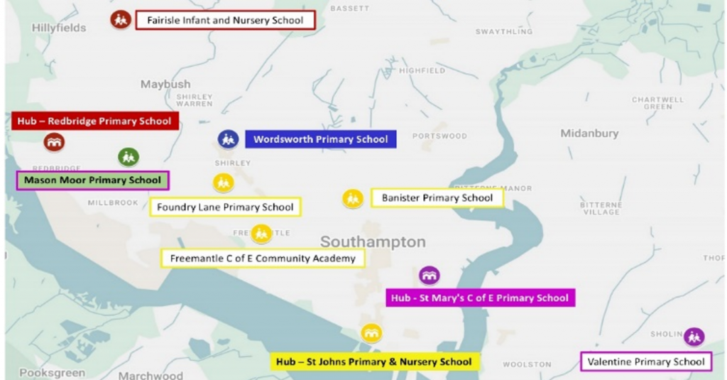 A map of Southampton with different colored labels depicting the schools involved in the initiative.