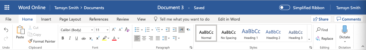 Screenshot of Word 365 toolbar showing the dictate button.