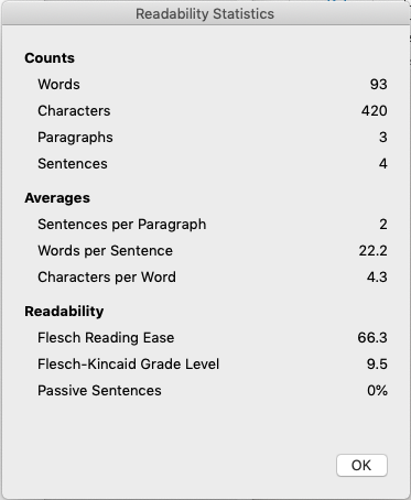 Screenshot of teh Readability score of a Word document.