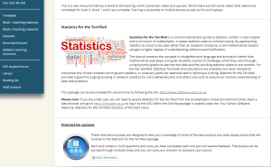 Screenshot from Clinical Research Skills Blackboard statistics page, with link to interactive quizzes