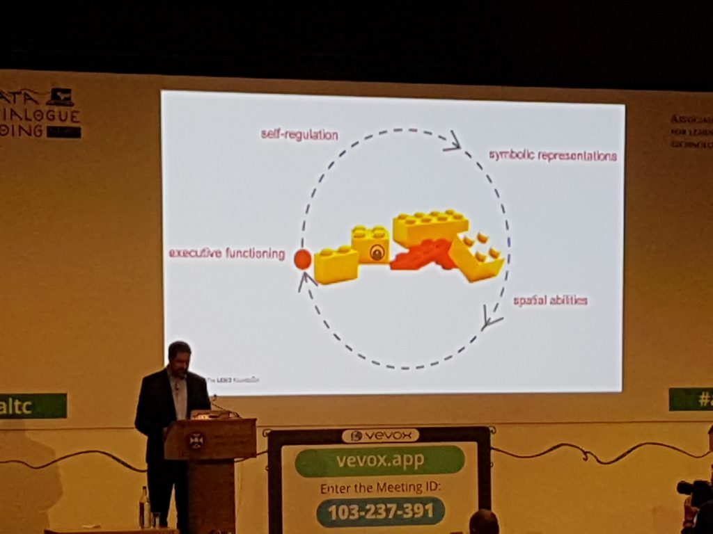 A man on stage with a presentation slide showing how building a duck in lego is a cyclical process.
