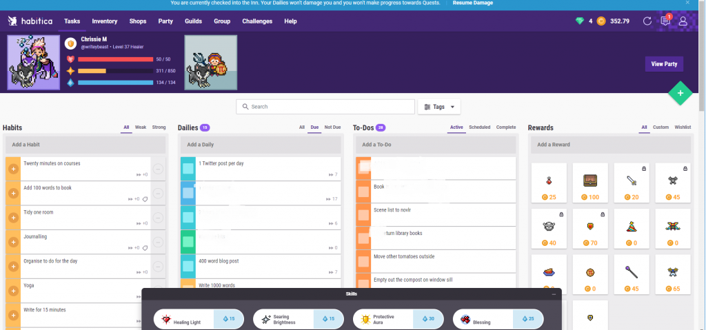 Screenshot from Habitica