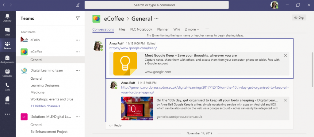 Screenshot of eCoffee team on Microsoft Teams