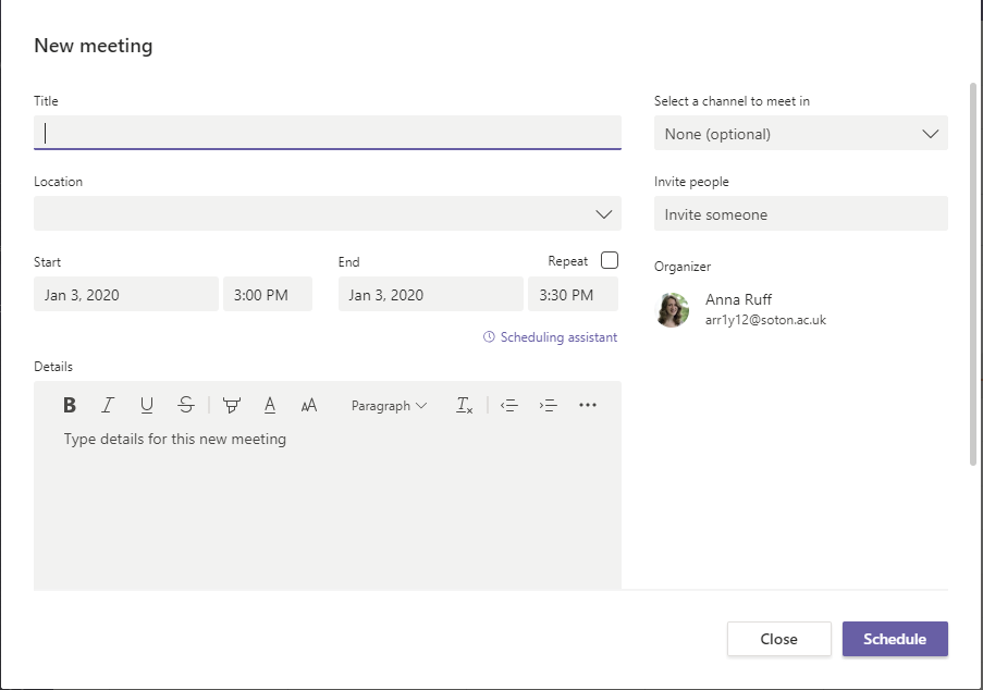 Screenshot showing new meeting screen in Microsoft Teams