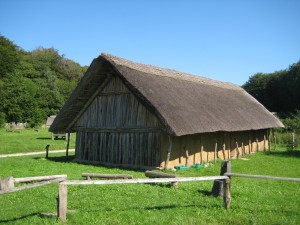 Reconstructed Neolithic House at the Naturerlebnisraum Archäologisch-Ökologisches Zentrum (Albersdorf, Germany). Houses like this were typical of the Neolithic, the period were many European ditched enclosures were built.