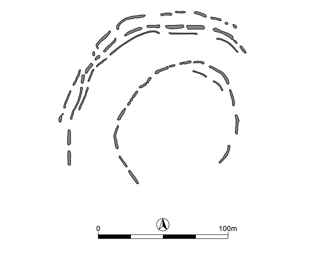 Drawing of the Neolithic causewayed enclosure near Osett (Essex, United Kingdom). An example of Neolithic ditched enclosure.