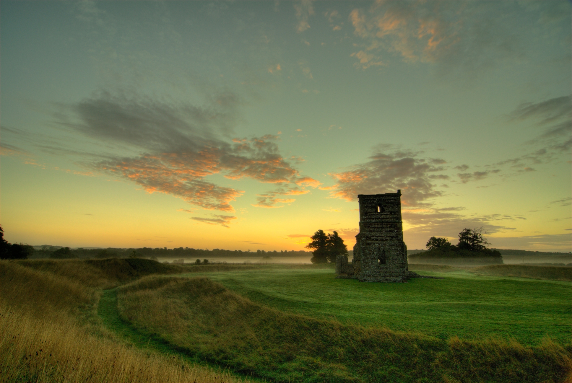 Knowlton Church at dawn. An example of a later element on top of Neolithic ditched enclosures.