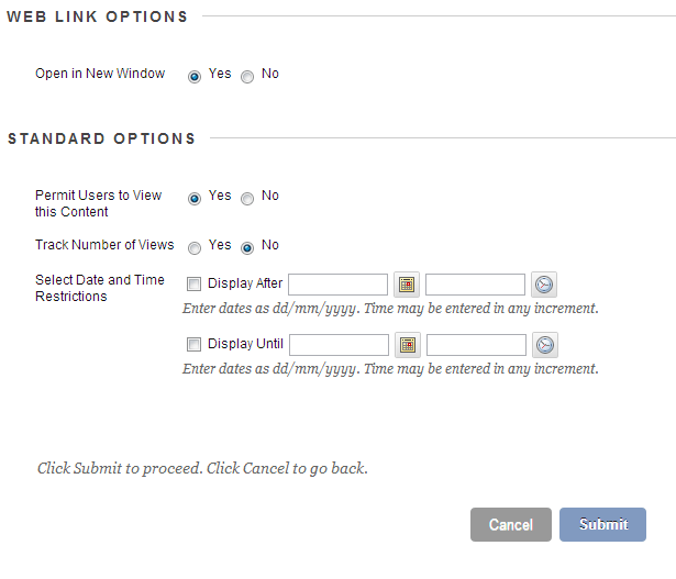 Link Options page with the Web link and Standard options.