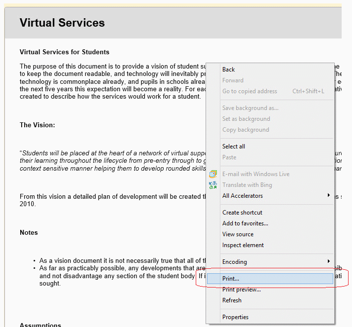 Printing text within Blackboard which is not part of a document or file