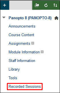 A highlighted view of a Blackboard courses menu items list. 'Recorded sessions highlighted in red