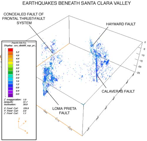 Figure 2: Earthquakes plotted in 3-dimensions in blue. Courtesy of USGS.