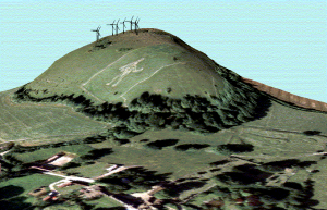 Figure 1: A 3-dimensional view of a fictitious proposed wind farm above the Cerne Abbas archeological site in the UK. (Source: the GeoData Institute)