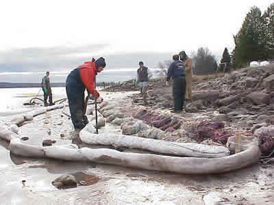 Figure 2: Defences protect a beach from oil damage. Note that oil booms can also be floating devices that could protect a cliff face from pollution as well as the beach version illustrated here. Courtesy of USCG.