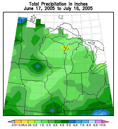 Figure 1: Total precipitation in inches June 17, 2005 to July 16, 2005