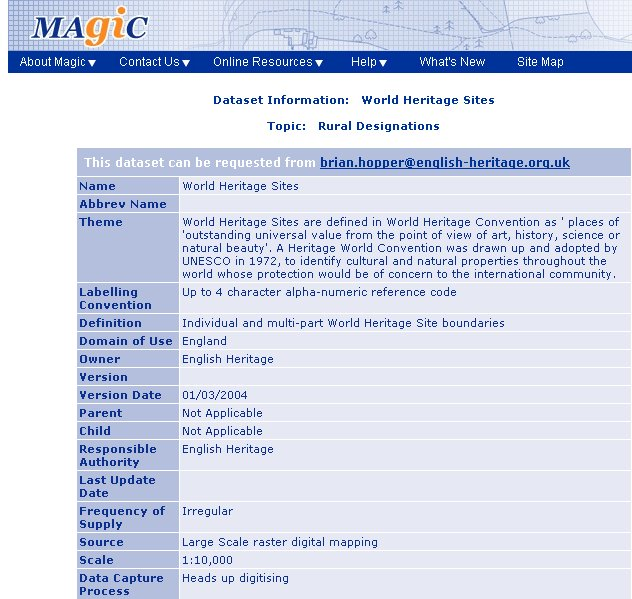 Figure 2: MAGIC screenshot of heritage sites metadata