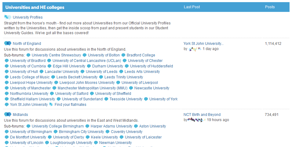 Topic list on The Student Room showing subforums for different universities, categorised under regions of the UK.