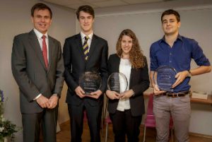 Tor E. Svensen, CEO of DNV GL – Maritime (far left), with the winners of the 2015 DNV GL Award for Young Professionals (from left to right, Alexander Iley, Eva Herradón de Grado and Damien Ducasse).  Care of DNV GL 