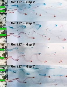 Top-view shots of the flow regimes past the two cylinders at different gaps.