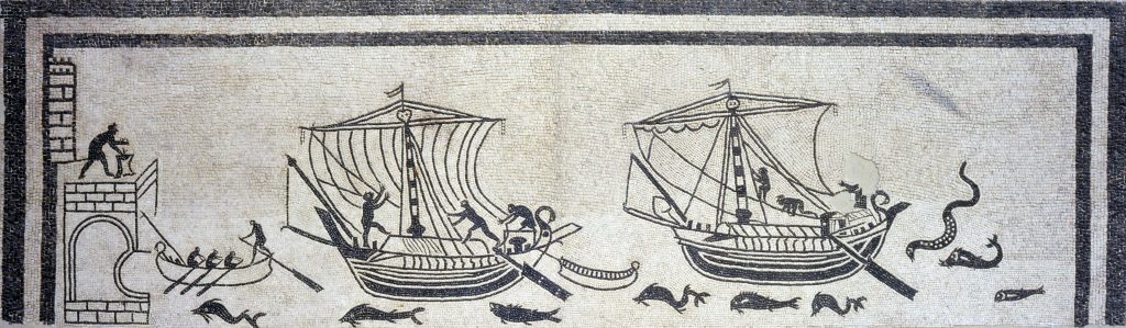 The 'mosaic of the ships' from Palazzo Diotallevi at Rimini (part of the wider mosaic known as Mosaic of Hercules Bibax), today exhibited in the Museo della Città di Rimini (photo Federico Ugolini)
