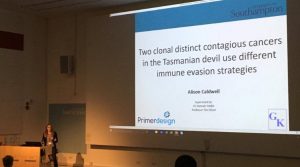 Alison Caldwell presenting her work on immune evasion strategies in Tasmanian Devilsstrategies in Tasmanian Devils