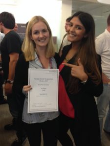 Grace Hallinan (left) winner of the Oral Presentation award at this year’s Biological Sciences Postgraduate Symposium.