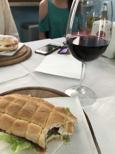 A staple lunch, foccacia and a glass of red