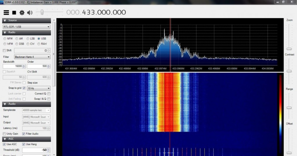 A screenshot of the first signs of life from the SDR