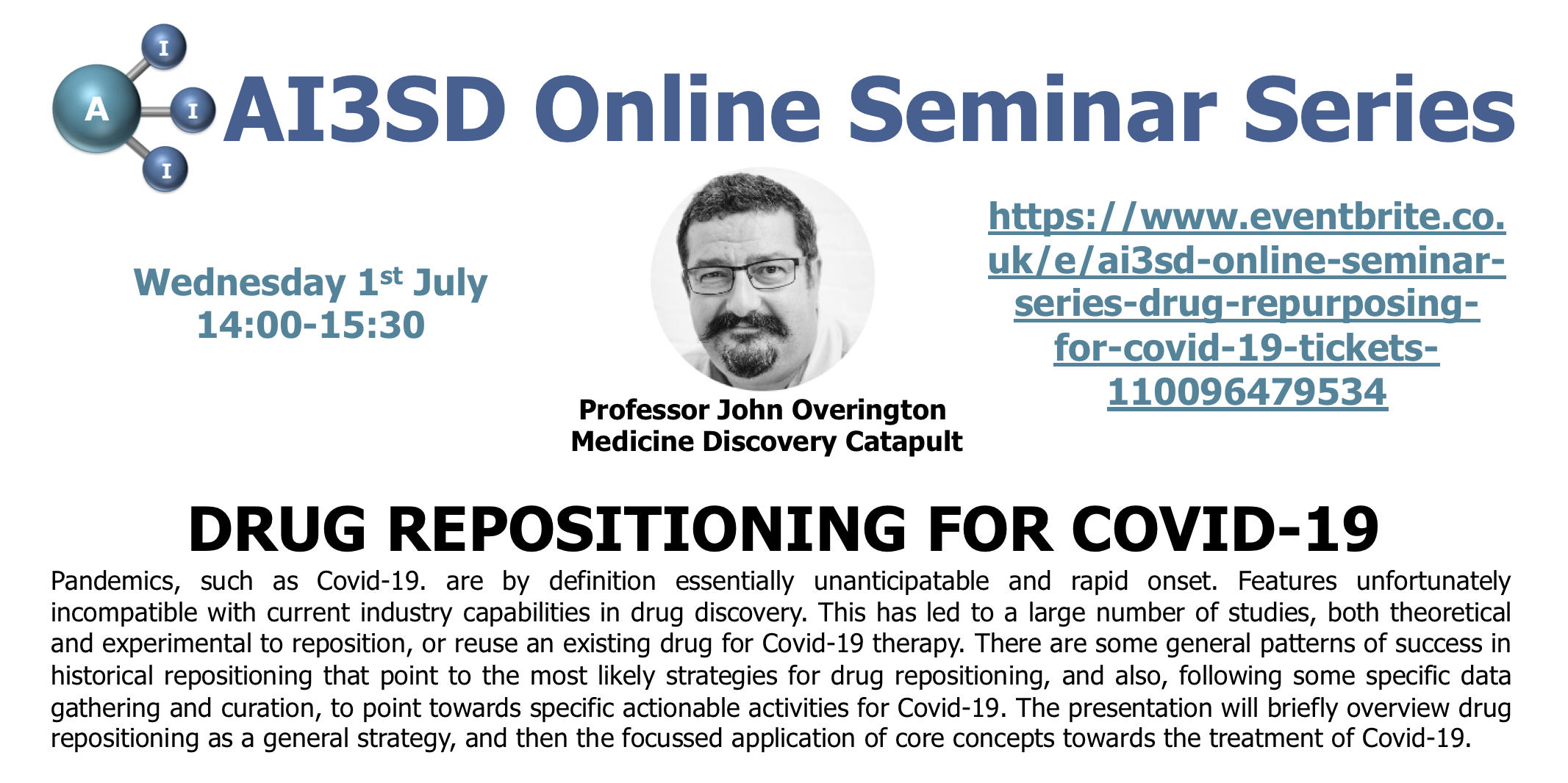 Read more about the article 01/07/2020 – AI3SD Online Seminar Series: Drug Repositioning for COVID-19 – Professor John Overington