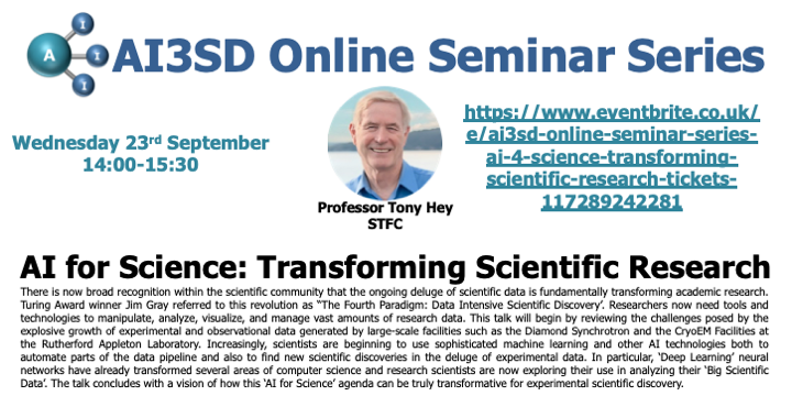 Read more about the article 23/09/2020 – AI3SD Online Seminar Series: AI for Science: Transforming Scientific Research – Professor Tony Hey
