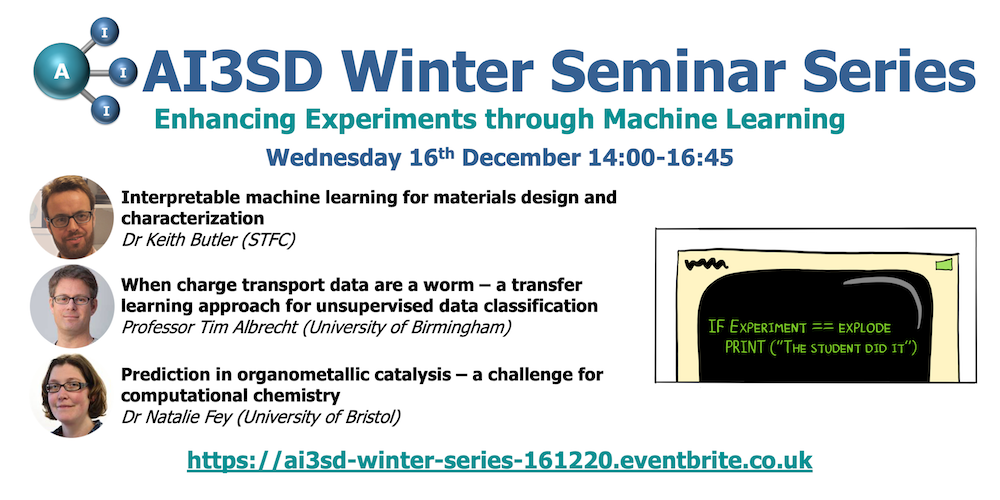 Read more about the article 16/12/2020 – AI3SD Winter Seminar Series: Enhancing Experiments through Machine Learning
