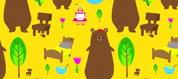 Montage featuring Goldilocks, three bears, chairs, porridge and beds.