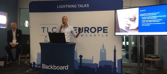Sam Cole presenting at Blackboard Teaching and Learning Conference (BBTLC) Europe, with Matt Deeprose sitting alongside him.