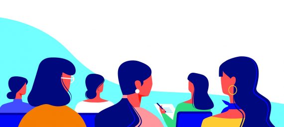Illustration of a group of women sitting with notepads as if at a conference.