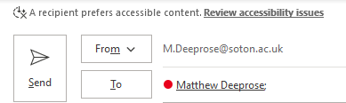 An email in Outlook automatically asking the sender to resolve accessibility issues.