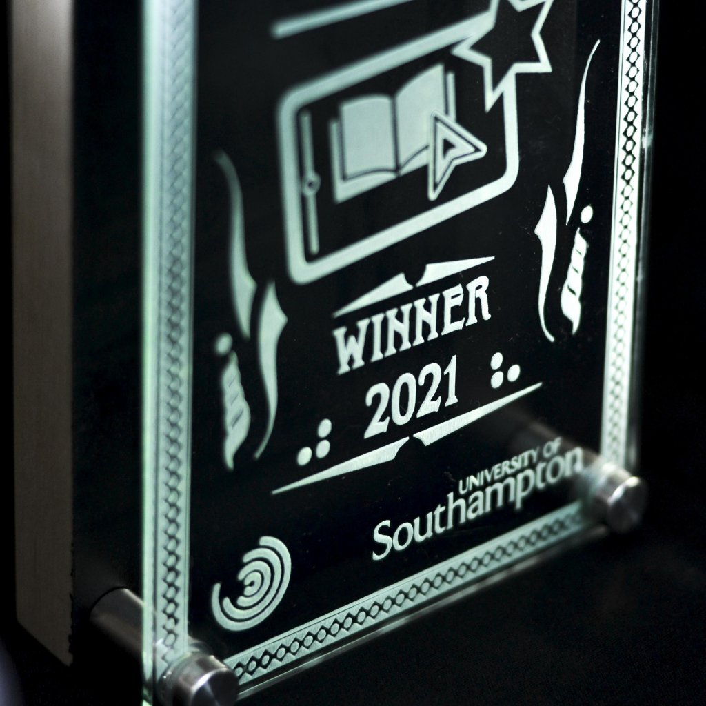 Close-up of Excellence in VLE Awards trophy with text 'Winner 2021' and 'University of Southampton'
