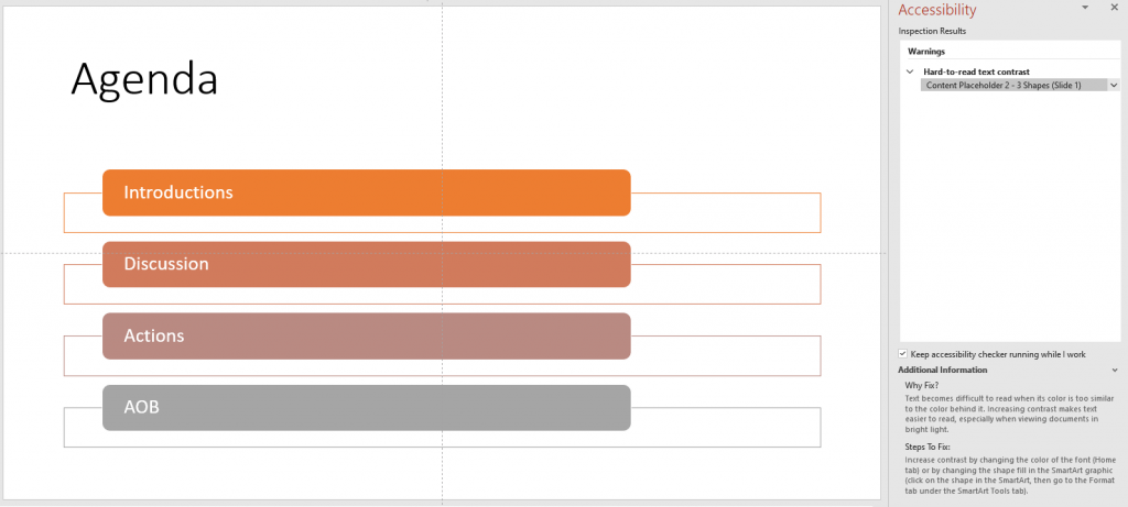 PowerPoint slide, "Agenda", four bullet points, "Introductions", "Discussion", "Actions", "Any other business".  The background colours vary but have insufficient contrast with the white colour used for text. The Accessibility Checker shows that is has found hard to read text contrast.
