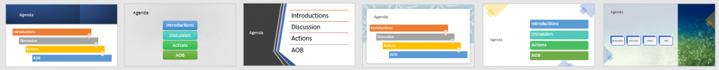 Each slide has the same content: "Agenda, Introductions, Discussions, Actions, Any other business". Almost every slide idea generated has colour contrast issues.