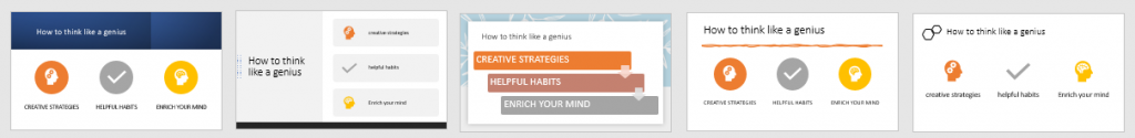 Each slide has the same content on the topic of "how to think like a genius". Almost every slide idea generated has changed the text to be shown in all caps.