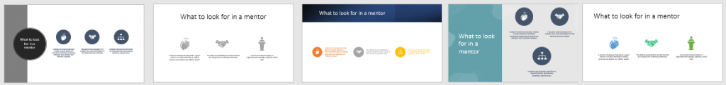Each slide has the same content on the topic of "what to look for in a mentor". Almost every slide idea generated has changed the text to be centre-aligned.