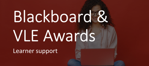 Text: Blackboard & VLE Awards - Learner Support, with a cheerful female student working on a laptop in the background