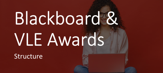 Text: Blackboard & VLE Awards - Structure with a cheerful female student working on a laptop in the background