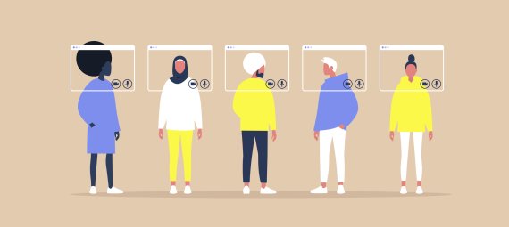 A diverse groups of people are presented in "Corporate Memphis" style, Elements of a graphic user interface are shown over their faces.