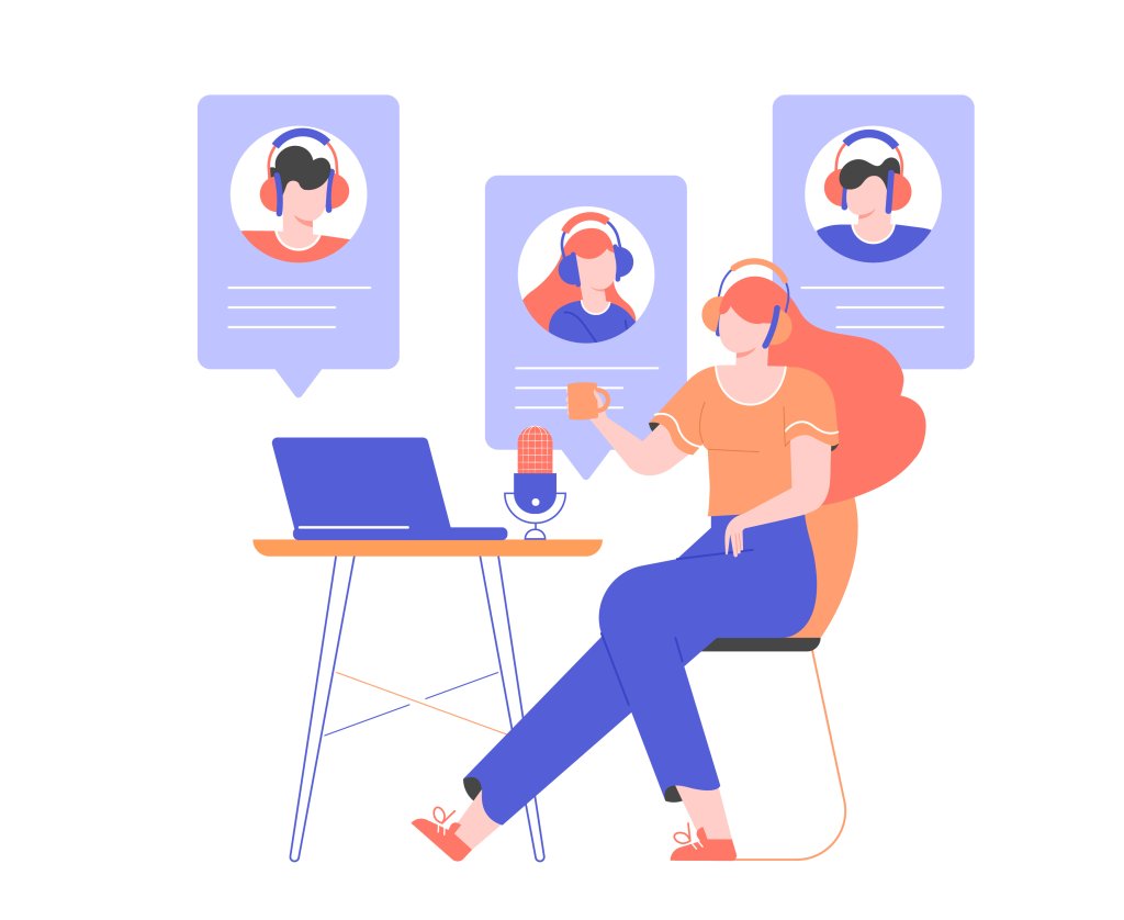 Girl in headphones at home or in the office at a desk with a laptop and a microphone. Communication with the team via video online, urgent meeting, remote work, freelance. 