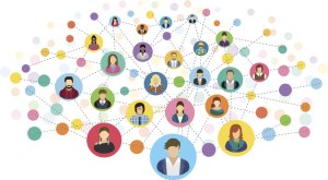 Icons of many individuals linked together by strands like a spider's web. It is these strands that help create a sense of their community.