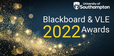 Over a background of trailing glittery stars, text reads 'University of Southampton Blackboard & VLE Awards 2022'