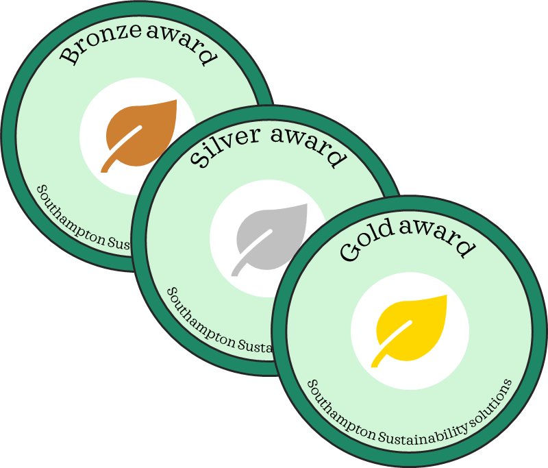 Three digital badges. They are tiered as bronze, silver and gold. Each badge has a large leaf at the centre and is coloured to reflect the tier of badge. 