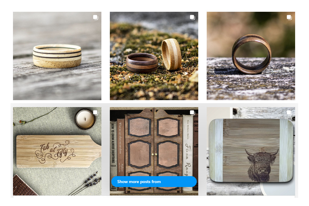 6 images of created woodn items. The top 3 are rings made out of wood and the bottom 3 feature engraved items (chopping boards).