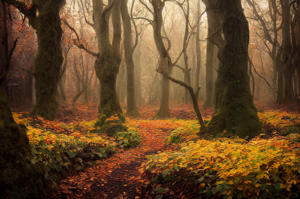 An autumnal woodland scene where trees are shrouded in mist above a floor of golden and red leaves.