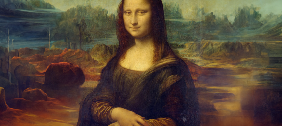 An image of the painting the Mona Lisa, by DaVinci. The left and right side of the canvas have been expanded and filled with terrain by AI